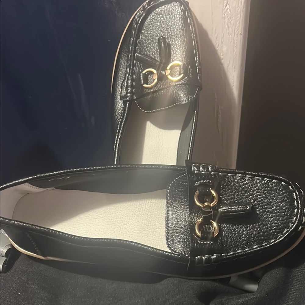 B&B Italia Black and Gold Leather Flats with Chain Detail